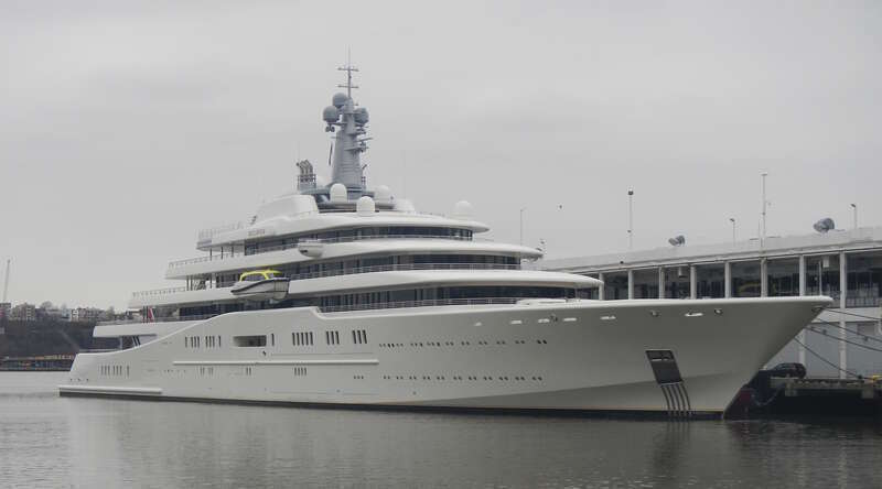 Looking north at the yacht Eclipse, Spring 2013. Color picture on a gray day.