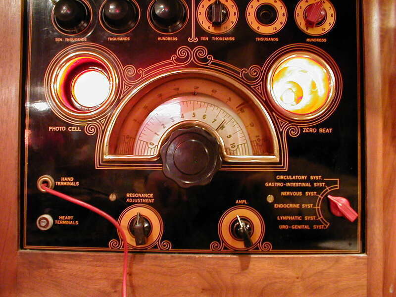 An impressive panel from the Electro Metabograph, dating back to 1940. It was seized by the Food and Drug Administration in 1965, and manufactured by the Art Tool &amp;amp; Die Company of Detroit. It would cure through using AM radio signals.  Note the