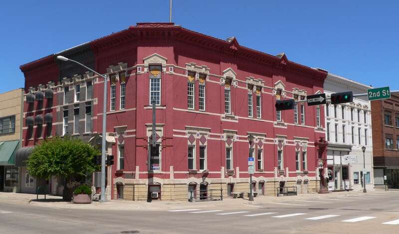 Nebraska Loan and Trust Company Building, located at northwest corner of 2nd Street and Lincoln Avenue in Hastings, Nebraska; seen from the southeast.  The Italianate building was constructed in 1883-84.  It is listed in the National Register of