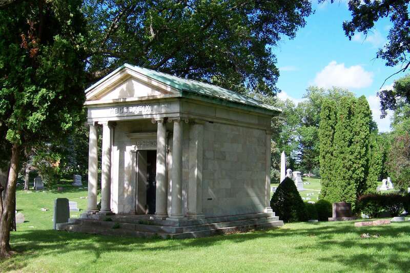 Photo of the J. Schricker mausoleum, designed by John W. Ross, built 1899, at Oakdale Memorial Gardens in Davenport, Iowa