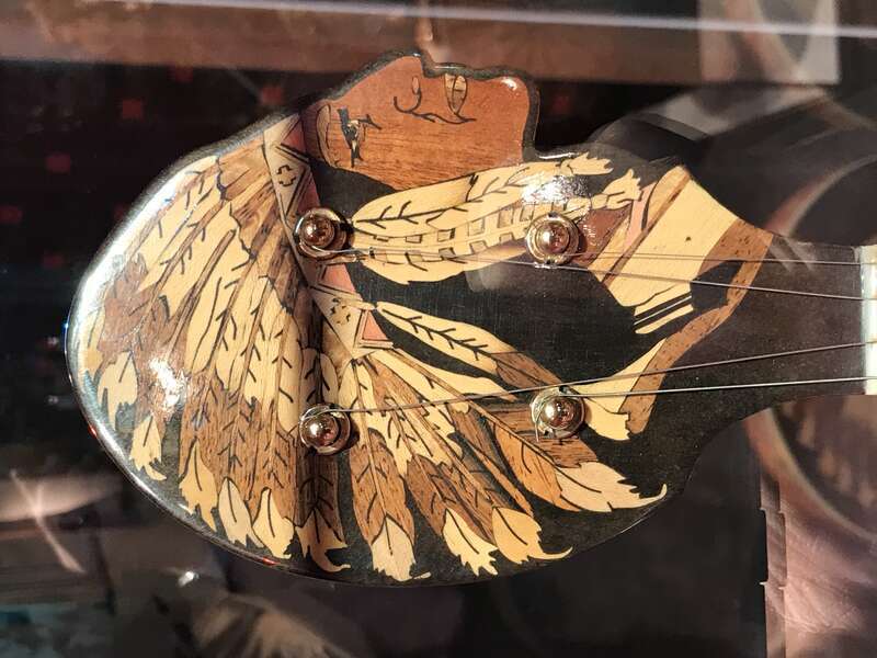 Peghead for a Ludwig Big Chief banjo (1930), from the American Banjo Museum. According the museum placard, fewer than 15 examples are known in 2020.