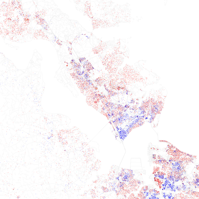 Maps of racial and ethnic divisions in US cities, inspired by Bill Rankin's map of Chicago, updated for Census 2010.
Red is White, Blue is Black, Green is Asian, Orange is Hispanic, Yellow is Other, and each dot is 25 residents.

Data from Census