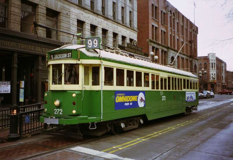 Ex-Melbourne W2-class tram/streetcar 272 eastbound at the Occidental Park station, on Main Street, on the Waterfront Streetcar line in Seattle.