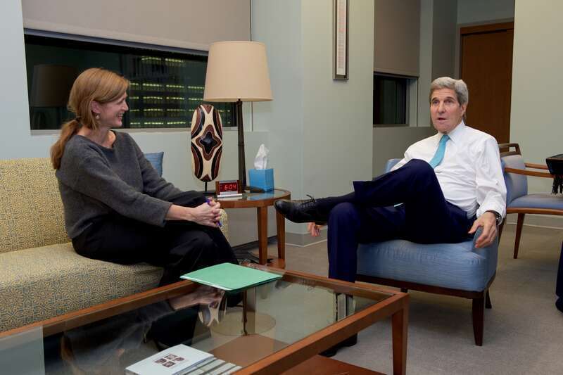 U.S. Secretary of State John Kerry chats with U.S. Permanent Representative to the United Nations Ambassador Samantha Power on November 11, 2015, at the USUN Mission in New York, N.Y., before the Secretary delivered a speech at the “Battle for
