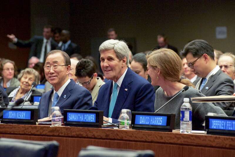 U.S. Secretary of State John Kerry shares a laugh with U.S. Permanent Representative to the United Nations Ambassador Samantha Power and United Nations Secretary General Ban Ki-moon before delivering remarks at the “Battle for Zionism at the U.N.:
