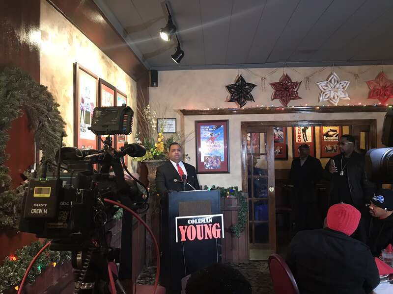 Senator Coleman Young II (D-Detroit) announces his run for the 13th Congressional District at Mario's.