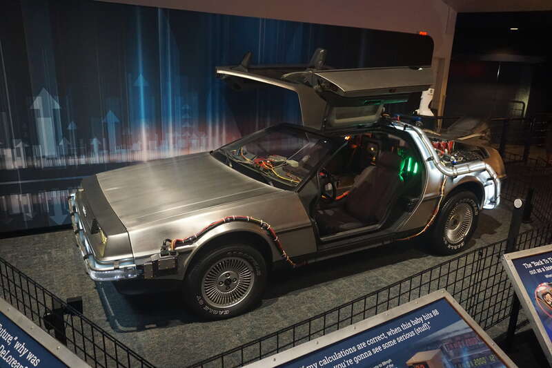 A Back to the Future DeLorean time machine on display at Space Center Houston in Houston, Texas (United States).