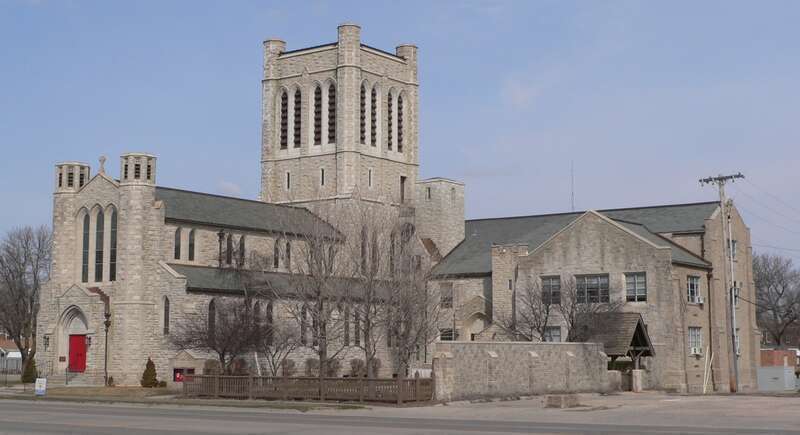 St. Mark's Episcopal Pro-Cathedral at 4th and Burlington in Hastings, Nebraska; seen from the southwest.  The building was designed in Late Gothic Revival style in 1919 by architect Ralph Adams Cram, and built over the course of the next decade; the