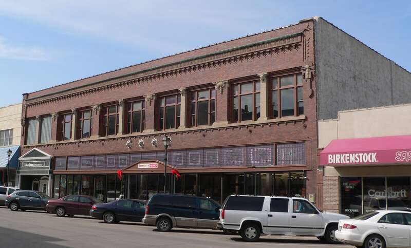 Stein Brothers Building at 620-630 W. 2nd Street in Hastings, Nebraska; seen from the southeast.  The Prairie School building was constructed in 1906, and is listed in the National Register of Historic Places.