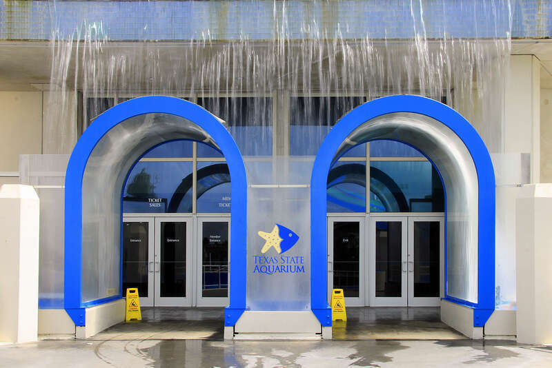 Entrance doors to the Texas State Aquarium in Corpus Christi, Texas, United States.