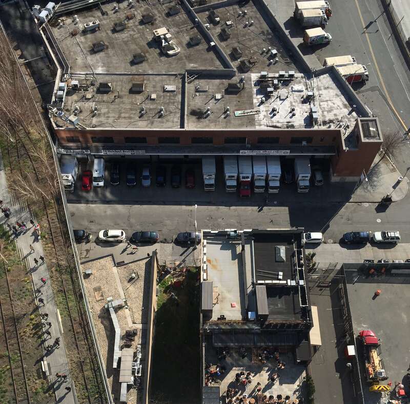 View from the rooftop of the The Standard, High Line on 10 April, 2016. To the left is the High Line, to the right is 11th Avenue, and front is Little West 12th Street with meatpacking plants.