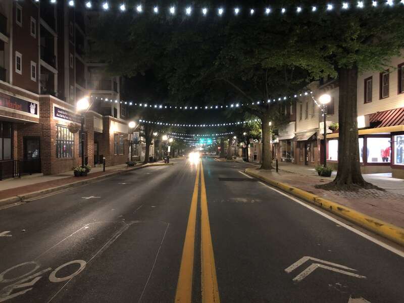 Night view westward along Loockerman Street at U.S. Route 13 Alternate (Governors Avenue) in Dover, Kent County, Delaware