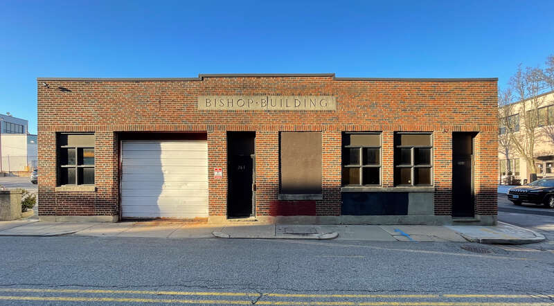 Bishop Buiding, 261 Richmond St., Providence RI. A one-story 3,225-square-foot brick building built 1950. Slated to be demolished in 2024.