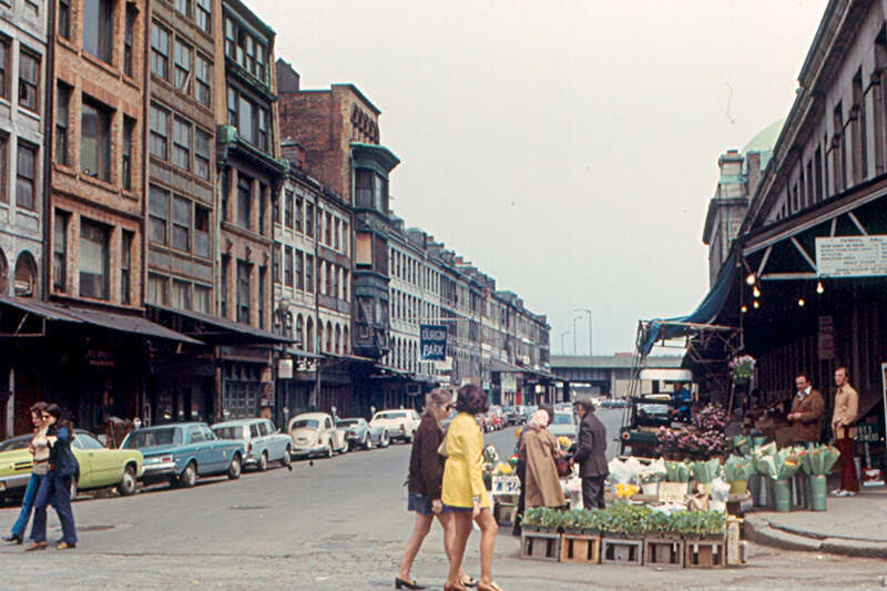 A street scene in Boston's old market district, near the harbor.  The location is approximate.