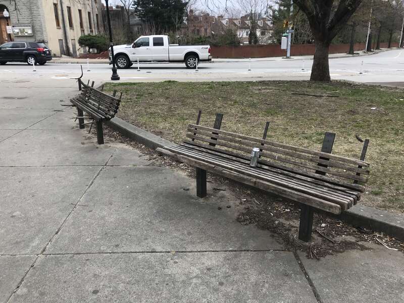 Damaged park benches, Historic East Baltimore pocket park, E. Monument Street and Ensor Street (northeast corner), Baltimore, MD 21202