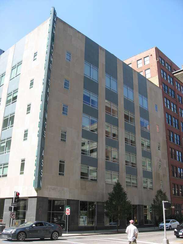 Eastern side of the Farm and Home Savings and Loan Association, located at 1001 Locust Street in St. Louis, Missouri, United States.  Built in 1954, it is listed on the National Register of Historic Places.