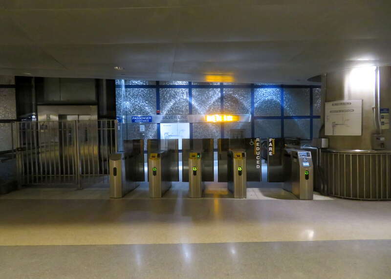 Faregates for the inbound platform at Courthouse station in December 2019