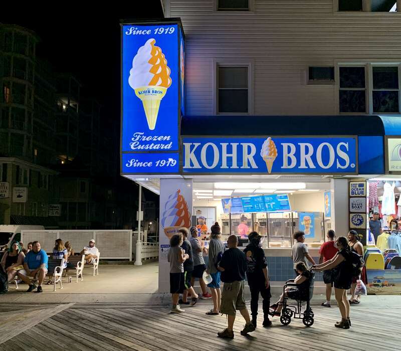 Kohr Brothers ice cream shop on the boardwalk in Ocean City, Maryland.