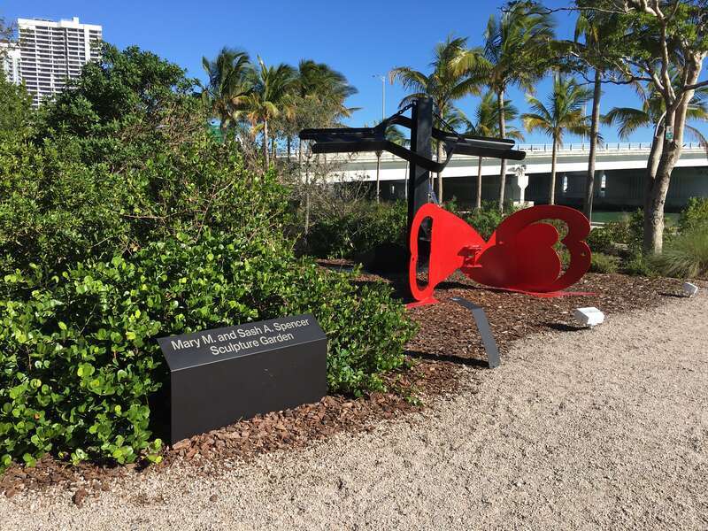 La Plume de Pierrot by Mark di Suvero (1974, painted steel) in the Mary M. and Sash A. Spencer Sculpture Garden, Pérez Art Museum Miami. The Pérez is a world-class museum and dynamic center of visual arts education serves the city's confluence of