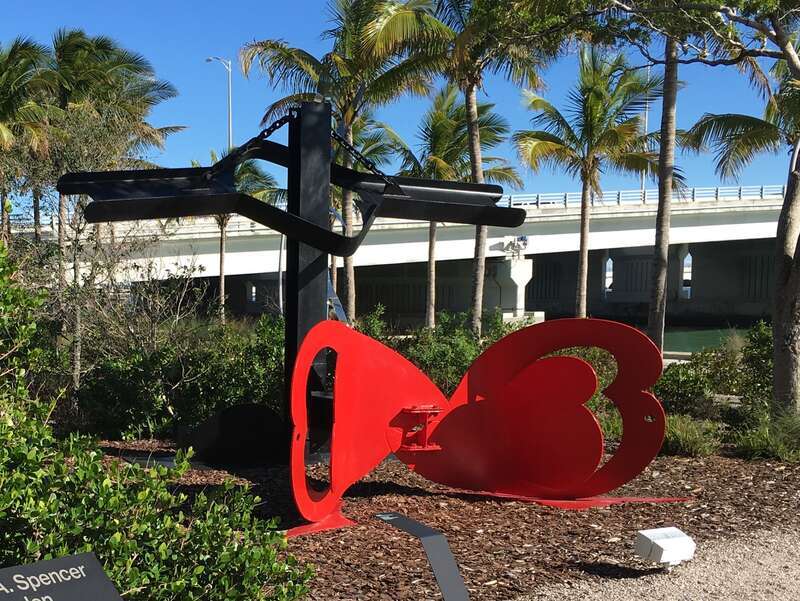 La Plume de Pierrot by Mark di Suvero (1974, painted steel) in the Mary M. and Sash A. Spencer Sculpture Garden, Pérez Art Museum Miami. The Pérez is a world-class museum and dynamic center of visual arts education serves the city's confluence of