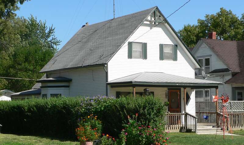 Perkins-Wiener House, located at 238 N. Seward Street in Red Cloud, Nebraska; seen from the northwest.  The house was built in 1882-83; it uses an early Greek Revival form with Gothic Revival details.  The house is listed in the National Register of