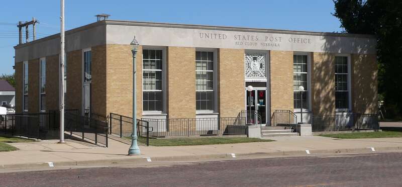 U.S. Post Office, located at 300 N. Webster Street in Red Cloud, Nebraska; seen from the northwest.  The Streamline Moderne building was constructed in 1939.   It is listed in the National Register of Historic Places.