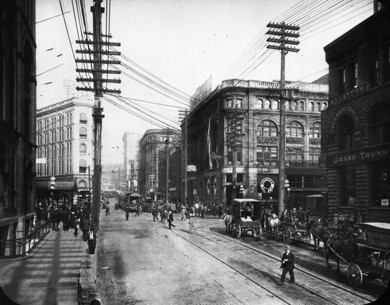 Yesler Way, looking east from Western Avenue, 1912.