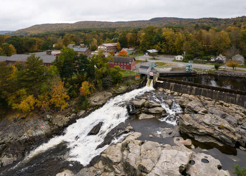 Drone view of glacial potholes, Shelburne Falls, Massachusetts.