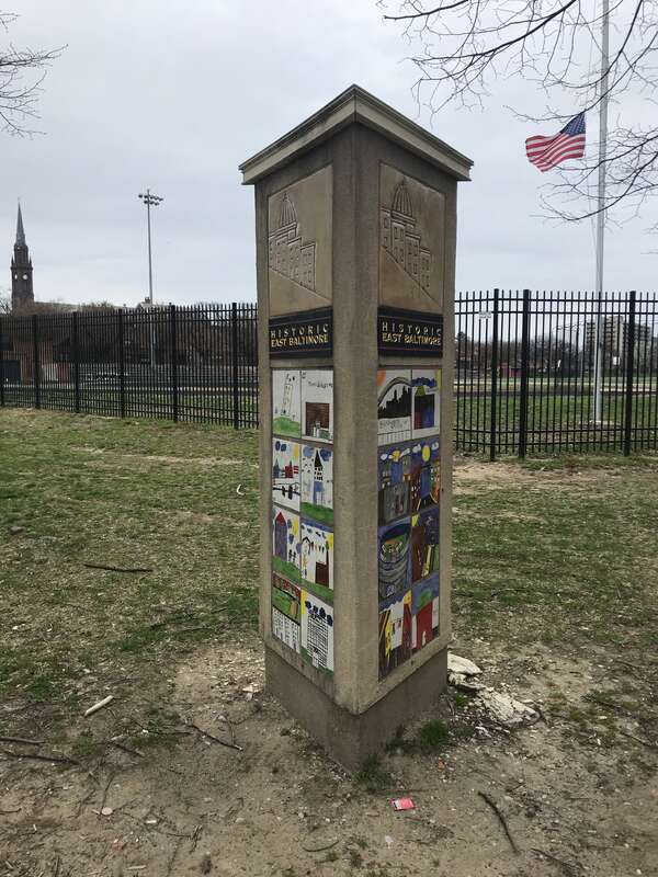 Sign, Historic East Baltimore pocket park, E. Monument Street and Ensor Street (northeast corner), Baltimore, MD 21202
