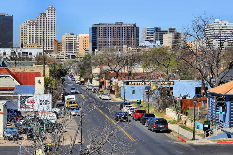 1400 block of East Sixth Street looking at downtown Austin, Texas, United States.