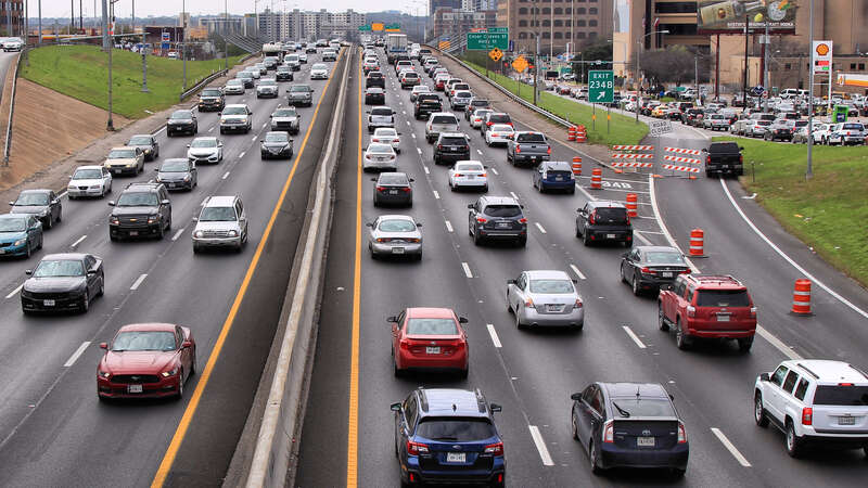 Typical weekend traffic on Interstate Highway 35 through downtown Austin, Texas, United States in 2019.