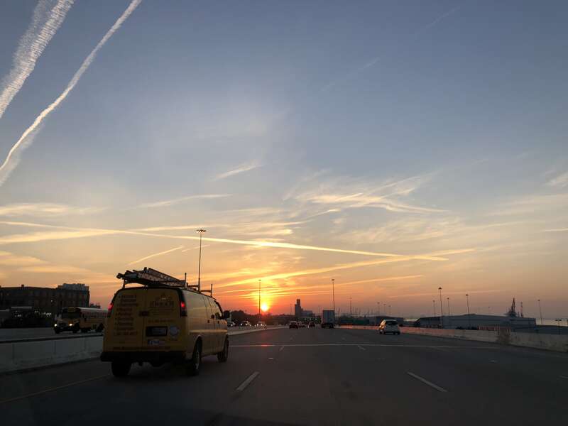 View north along Interstate 95 just north of Exit 55 during sunrise in Baltimore, Maryland