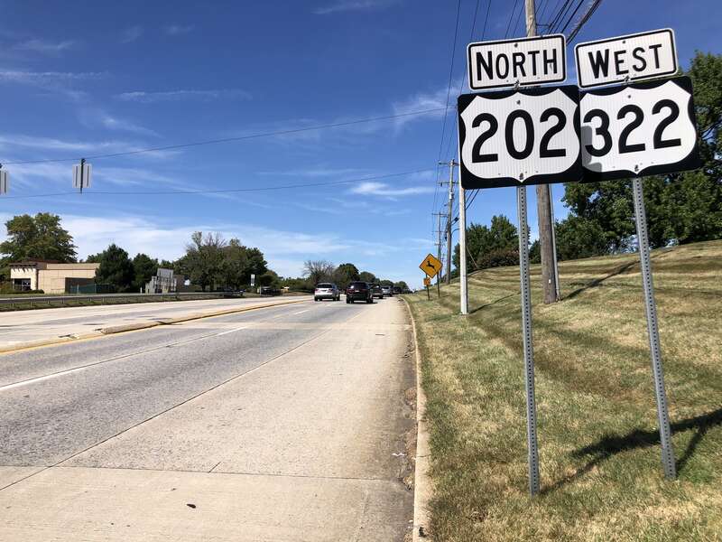 View north along U.S. Route 202 and west along U.S. Route 322 (Wilmington Pike) just north of U.S. Route 1 (Baltimore Pike) on the border of Chadds Ford Township and Concord Township in Delaware County, Pennsylvania