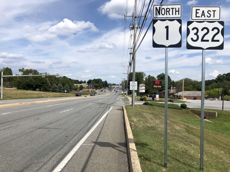 View north along U.S. Route 1 and east along U.S. Route 322 (Baltimore Pike) just northeast of U.S. Route 202 (Wilmington Pike) in Concord Township, Delaware County, Pennsylvania