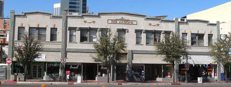 Arizona Hotel building, located on west side of 6th Avenue between Congress and Pennington Streets in Tucson, Arizona; seen from the east, across 6th Avenue.
