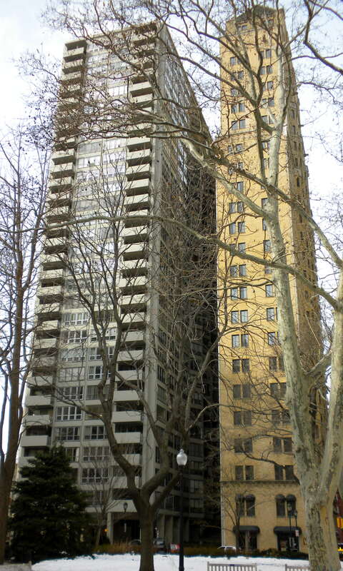 Chateau Crillon Apartment House (the older building on the right) on Rittenhouse Square in Center City Philadelphia. On NRHP since April 25, 1978	222 South 19th Street.	Horace Trumbauer, architect.