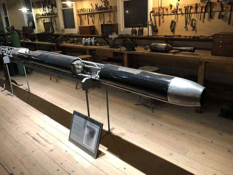 Photo of Dr. Goddard’s 1939 series L-C rocket, located inside the Roswell NM History Museum.