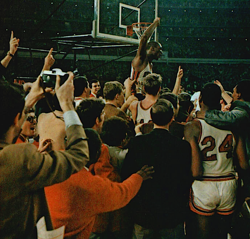 Houston's Elvin Hayes is carried in a victory celebration after defeating UCLA in the 1968 Game of the Century at the Astrodome in Houston