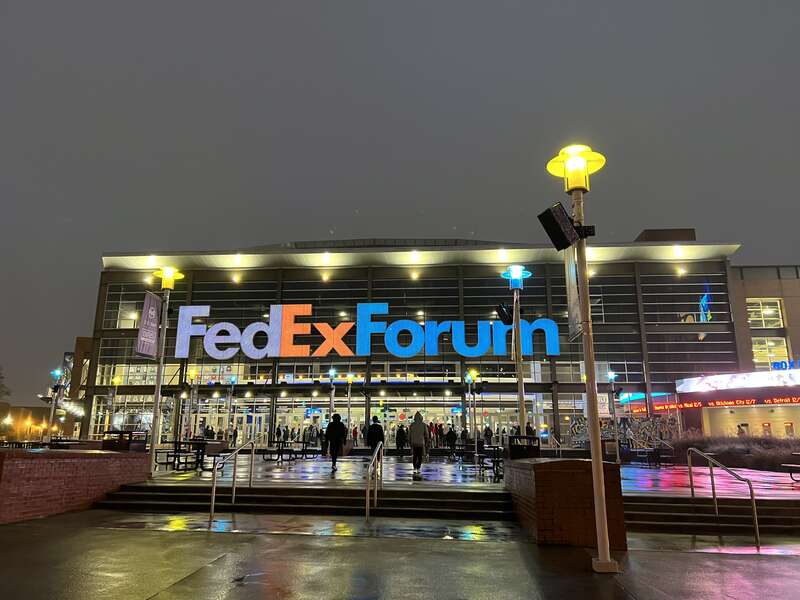 The FedEx Forum in Memphis at night.