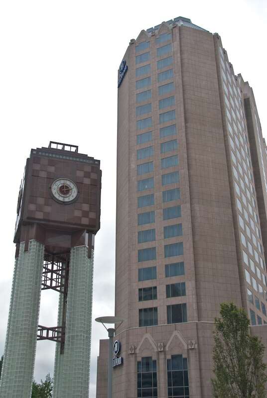 Hilton Charlotte Center City and clock tower.