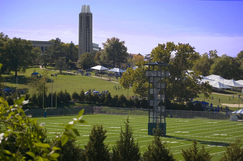 Kansas Jayhawks football practice fields and tailgaters on &quot;the hill&quot;