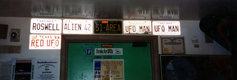 Some UFO-themed vanity plates as seen at Little A'Le'Inn, one of the few businesses in Rachel.
Because of the town's notoriety for being close to Groom Lake and Area 51, Little A'Le'Inn gets a fair amount of people who stop by on their way to