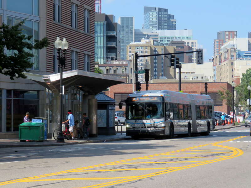 An MBTA route SL4 bus outbound at East Berkeley Street in July 2019