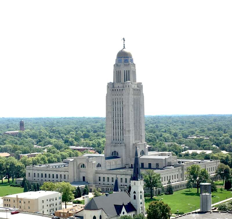 Aerial view of Nebraska State Capitol, taken from Nebraska Club, 20th floor of U.S. Bank building.