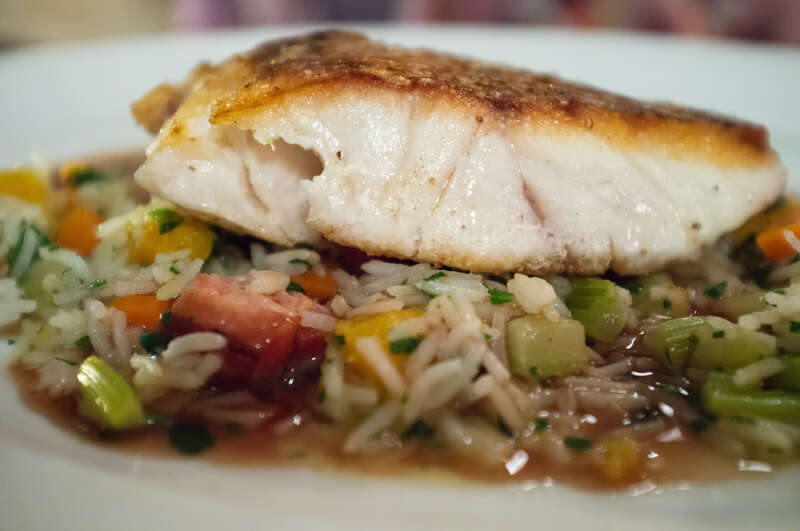 Jenny's Pan-Seared Red Snapper with Butternut Squash Pirlau, Lardons and Ham Hock Jus