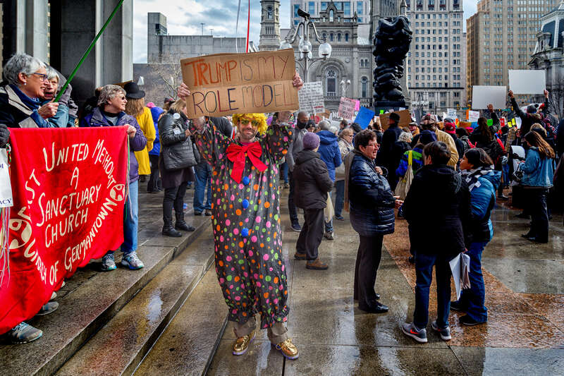 With a focus on health care and the environment, thousands protest on the streets of Philadelphia during a visit by U.S. President Trump to a downtown Republican Party legislative retreat on January 26, 2017.