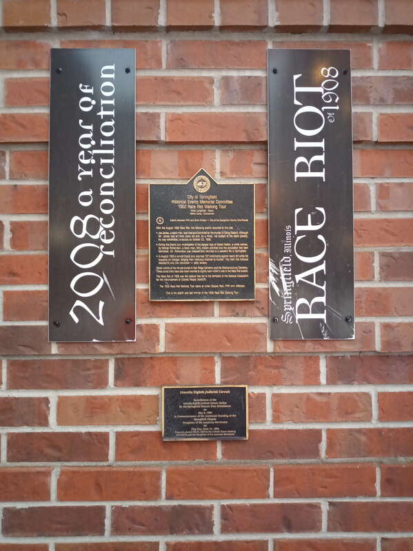 Historical marker near Old State Capitol in Springfield Illinois, dedicated to the 1908 &quot;race riot&quot; and referring to 2008 as a &quot;year of reconciliation&quot;.