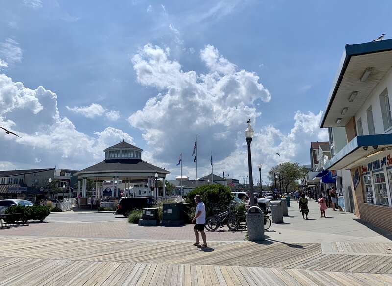 Shops along Rehoboth Avenue and the Rehoboth Beach Bandstand in Rehoboth Beach, Delaware.