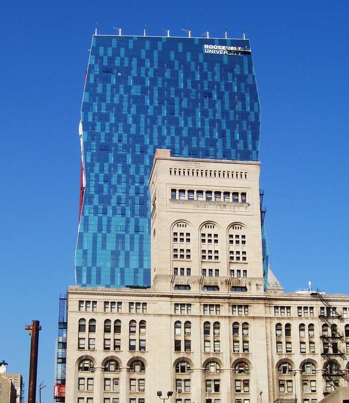 The Auditorium (foreground) and Wabash (background) Buildings of Roosevelt University in Chicago, Illinois.