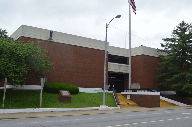 Southern front of the Saline County Courthouse, located at 10 Poplar Street in Harrisburg, Illinois, United States.  It was built in 1967.